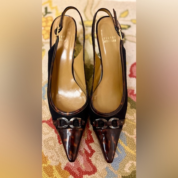 STUART WEITZMAN Vintage Black & Tortoise Patent Pointed Toe Slingback Heels - 11 - Picture 16 of 16